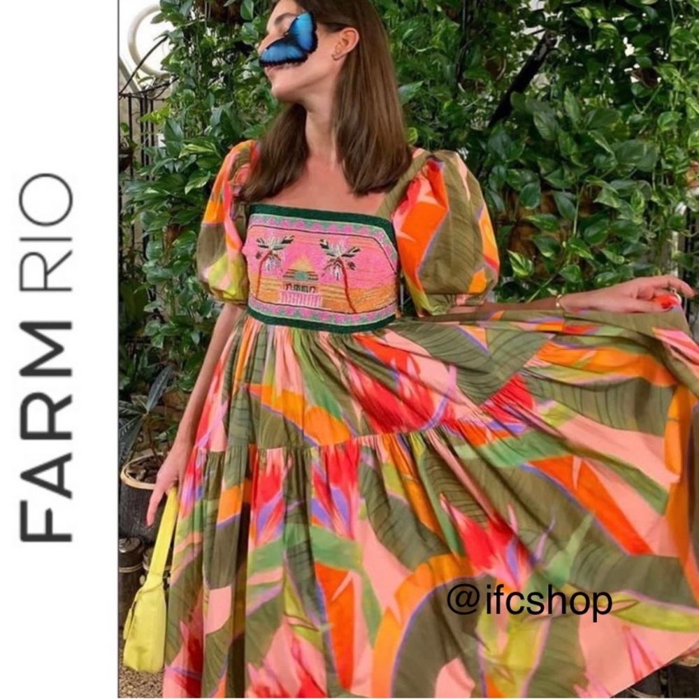 NWT Farm Rio Pink Garden Embroidered Top Midi Dress S